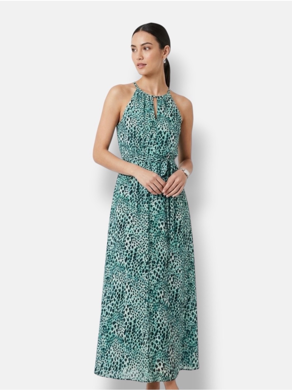 Jennifer Lopez, Teal Printed Halter Maxi Dress - M